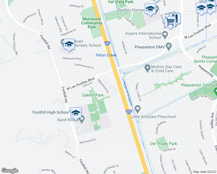 map of restaurants, bars, coffee shops, grocery stores, and more near 4183 Amberwood Circle in Pleasanton