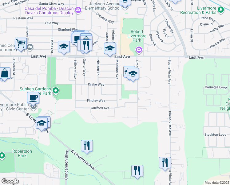 map of restaurants, bars, coffee shops, grocery stores, and more near 4374 Emory Way in Livermore