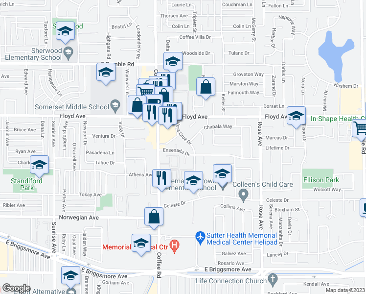 map of restaurants, bars, coffee shops, grocery stores, and more near 1317 Ensenada Drive in Modesto