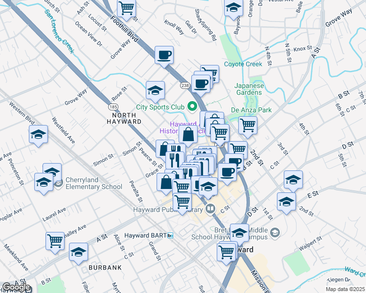 map of restaurants, bars, coffee shops, grocery stores, and more near 22281 Prospect Street in Hayward