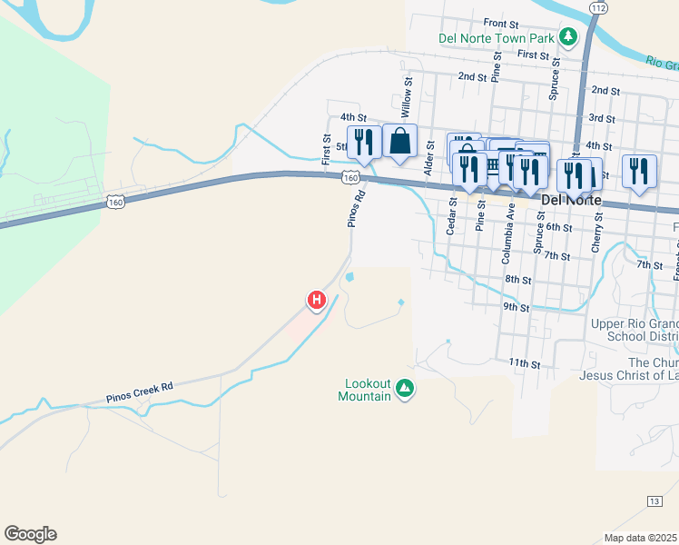 map of restaurants, bars, coffee shops, grocery stores, and more near 311 Pinos Creek Road in Del Norte