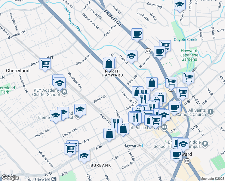 map of restaurants, bars, coffee shops, grocery stores, and more near 22163 Montgomery Street in Hayward