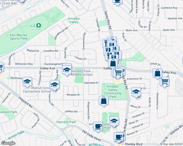 map of restaurants, bars, coffee shops, grocery stores, and more near 1885 Brooktree Way in Pleasanton