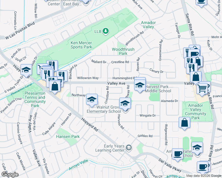 map of restaurants, bars, coffee shops, grocery stores, and more near 5207 Crestline Way in Pleasanton