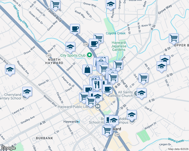 map of restaurants, bars, coffee shops, grocery stores, and more near 22471 Maple Court in Hayward