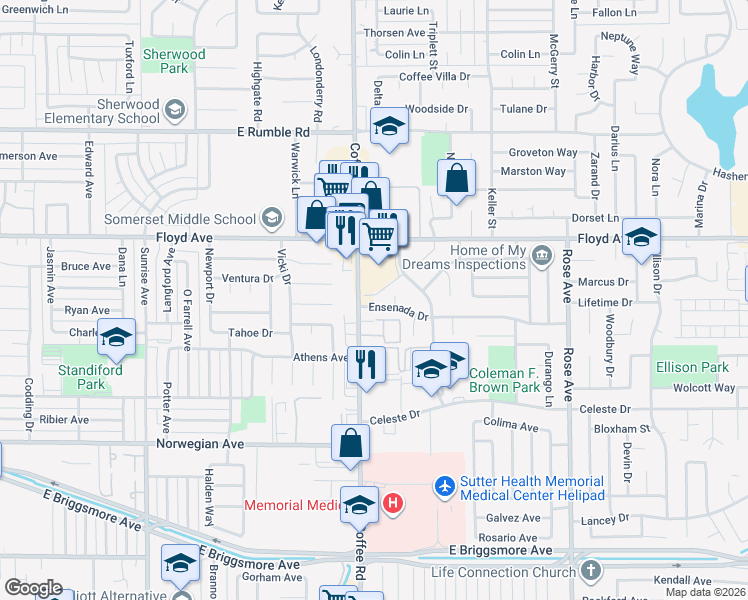 map of restaurants, bars, coffee shops, grocery stores, and more near 1305 Ensenada Drive in Modesto
