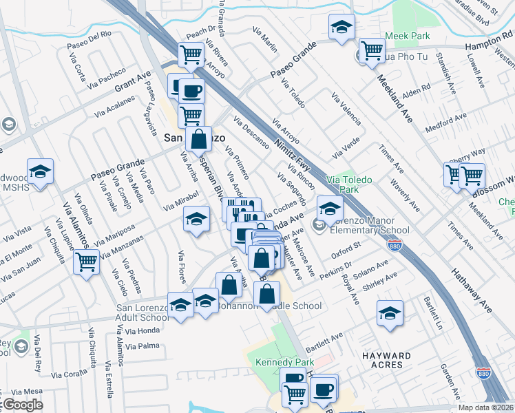 map of restaurants, bars, coffee shops, grocery stores, and more near 17469 Via Primero in San Lorenzo