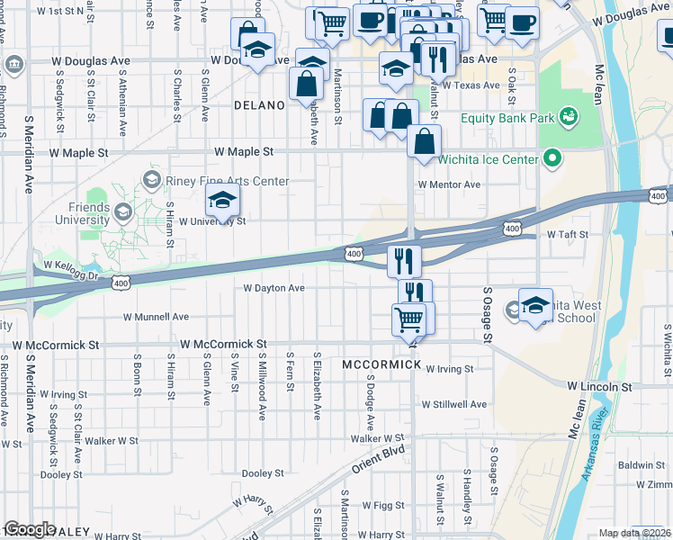map of restaurants, bars, coffee shops, grocery stores, and more near 728 South Martinson Street in Wichita