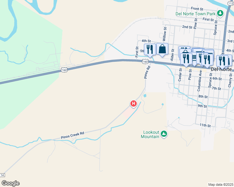 map of restaurants, bars, coffee shops, grocery stores, and more near 311-577 Pinos Creek Road in Del Norte