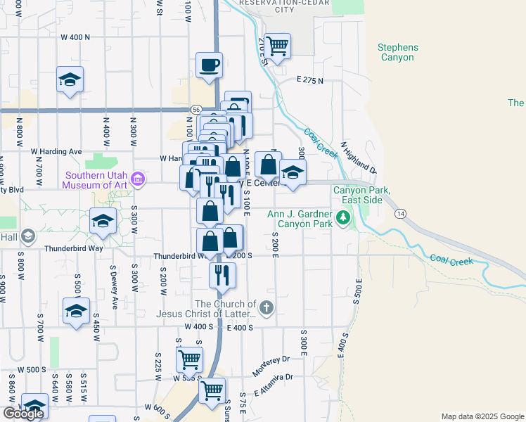 map of restaurants, bars, coffee shops, grocery stores, and more near 109 South 100 East in Cedar City