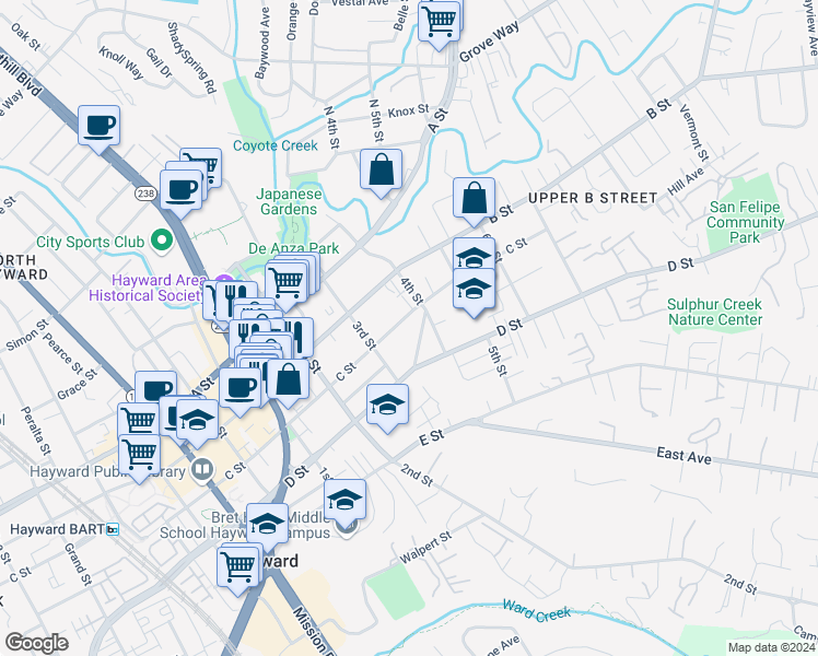 map of restaurants, bars, coffee shops, grocery stores, and more near 1327 C Street in Hayward