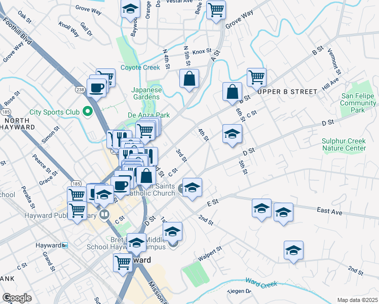 map of restaurants, bars, coffee shops, grocery stores, and more near 1327 C Street in Hayward