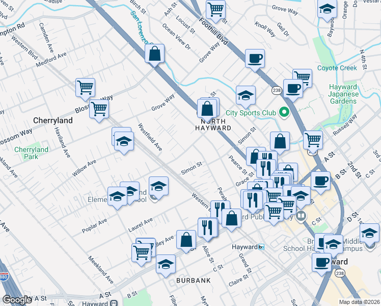 map of restaurants, bars, coffee shops, grocery stores, and more near 574 Simon Street in Hayward