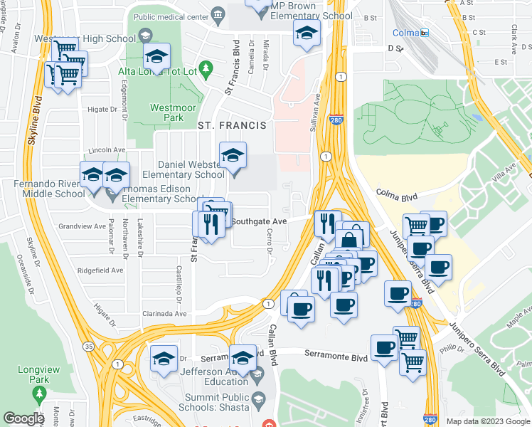 map of restaurants, bars, coffee shops, grocery stores, and more near 1498 Southgate Avenue in Daly City