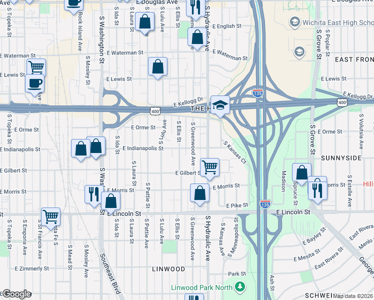 map of restaurants, bars, coffee shops, grocery stores, and more near 727 Greenwood in Wichita