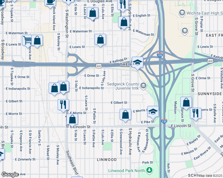 map of restaurants, bars, coffee shops, grocery stores, and more near 721 Ellis South in Wichita