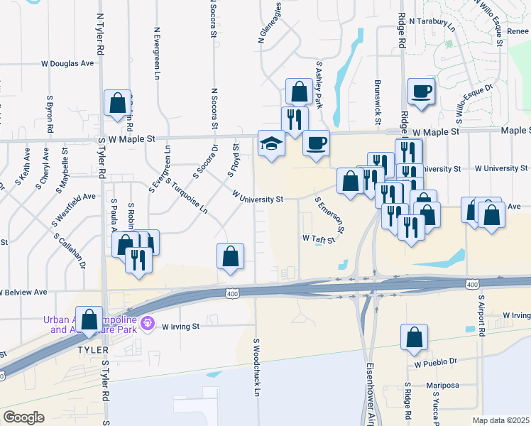map of restaurants, bars, coffee shops, grocery stores, and more near 430 South Woodchuck in Wichita