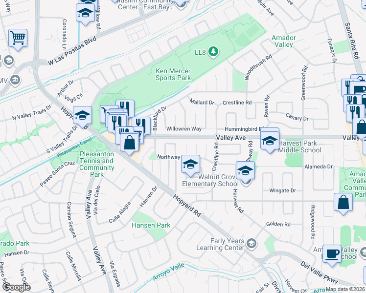 map of restaurants, bars, coffee shops, grocery stores, and more near 2356 Fairfield Court in Pleasanton