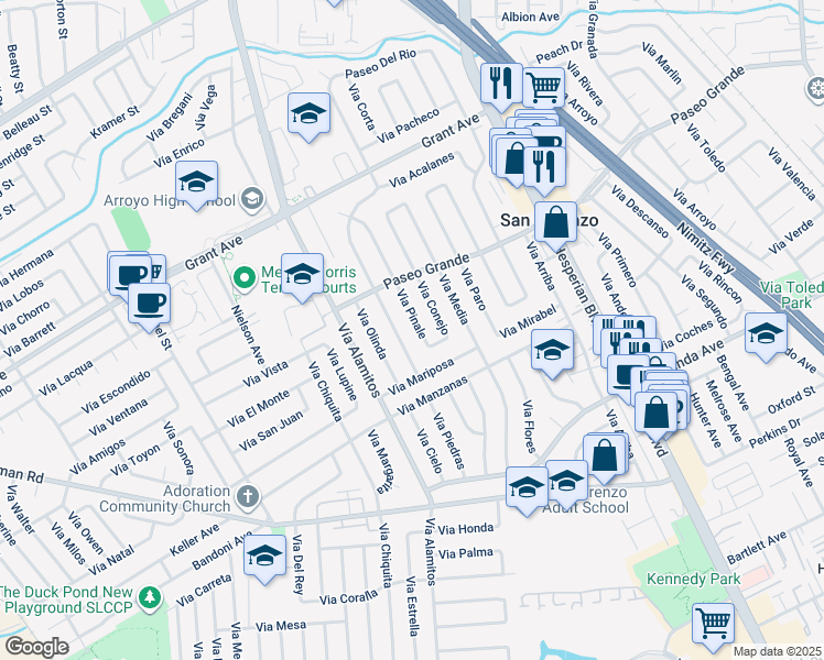 map of restaurants, bars, coffee shops, grocery stores, and more near 16085 Via Pinale in San Lorenzo