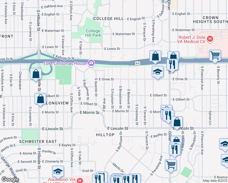 map of restaurants, bars, coffee shops, grocery stores, and more near 634 South Fountain Street in Wichita