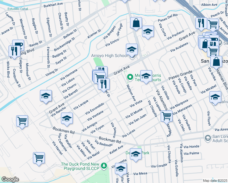 map of restaurants, bars, coffee shops, grocery stores, and more near 1386 Culver Place in San Lorenzo