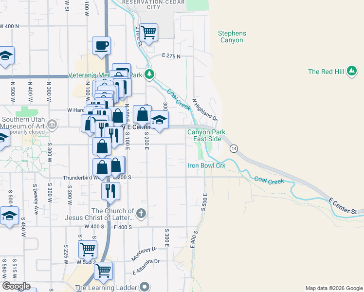 map of restaurants, bars, coffee shops, grocery stores, and more near 82 South 400 East in Cedar City