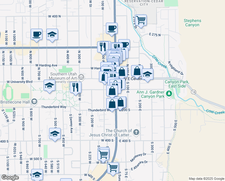 map of restaurants, bars, coffee shops, grocery stores, and more near 80 South Main Street in Cedar City