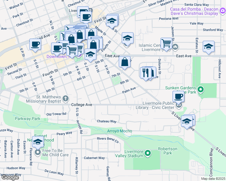 map of restaurants, bars, coffee shops, grocery stores, and more near 843 South H Street in Livermore