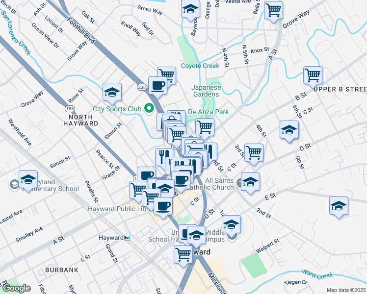 map of restaurants, bars, coffee shops, grocery stores, and more near in Hayward