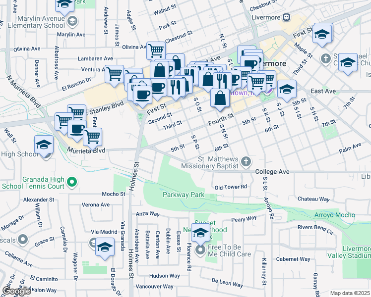 map of restaurants, bars, coffee shops, grocery stores, and more near 557 South Q Street in Livermore
