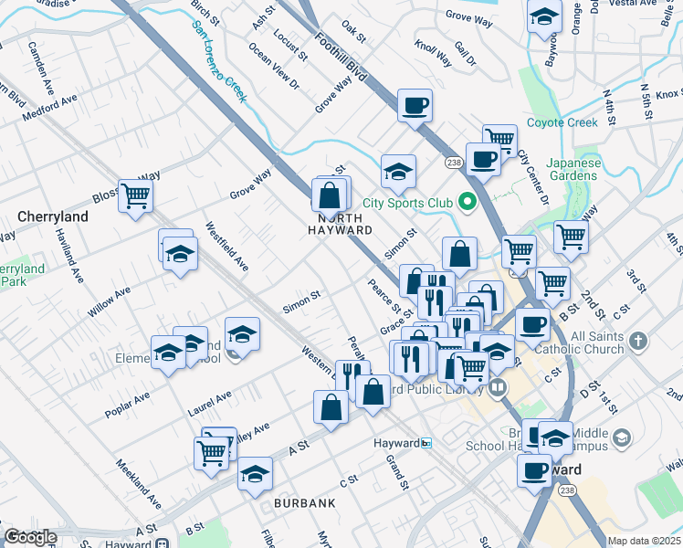 map of restaurants, bars, coffee shops, grocery stores, and more near 638 Simon Street in Hayward