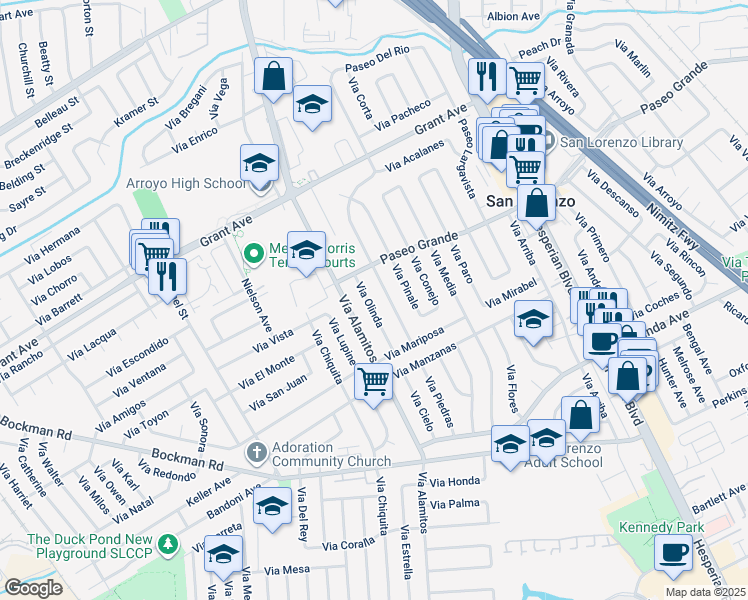 map of restaurants, bars, coffee shops, grocery stores, and more near 16050 Via Olinda in San Lorenzo