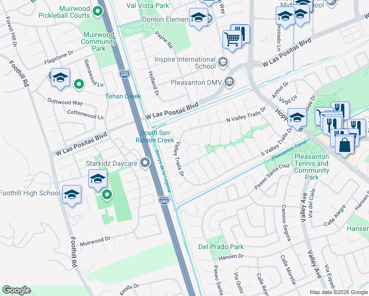 map of restaurants, bars, coffee shops, grocery stores, and more near 3664 Chesapeake Bay Court in Pleasanton
