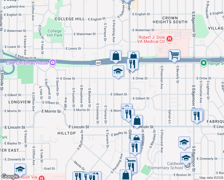 map of restaurants, bars, coffee shops, grocery stores, and more near 700 South Pershing Street in Wichita