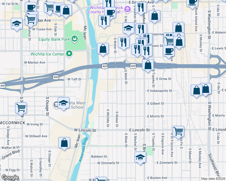 map of restaurants, bars, coffee shops, grocery stores, and more near 911 South Water Street in Wichita