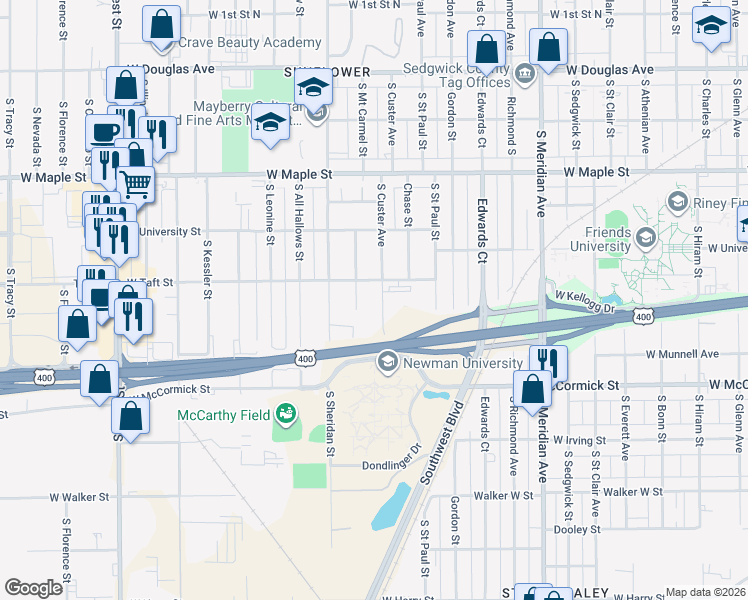 map of restaurants, bars, coffee shops, grocery stores, and more near 743 South Custer Avenue in Wichita