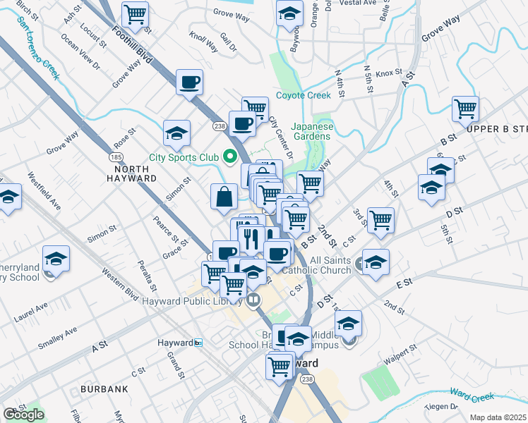map of restaurants, bars, coffee shops, grocery stores, and more near 22471 Maple Court in Hayward