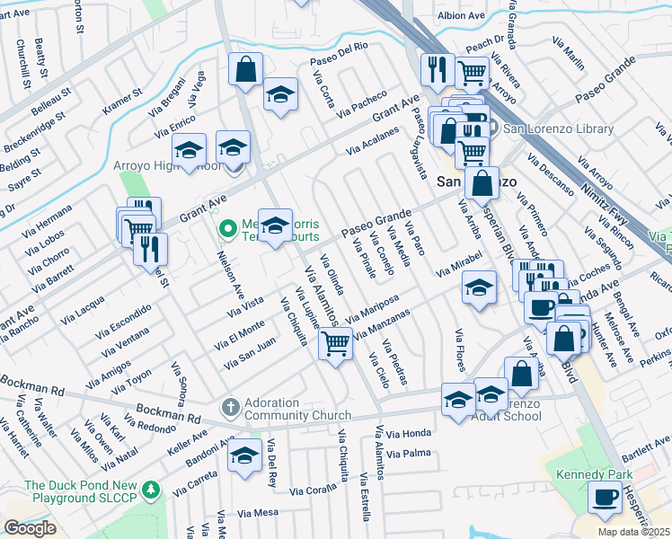 map of restaurants, bars, coffee shops, grocery stores, and more near 16050 Via Olinda in San Lorenzo