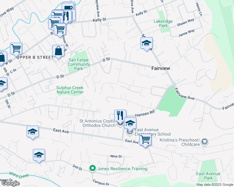 map of restaurants, bars, coffee shops, grocery stores, and more near 2468 Hidden Lane in Hayward