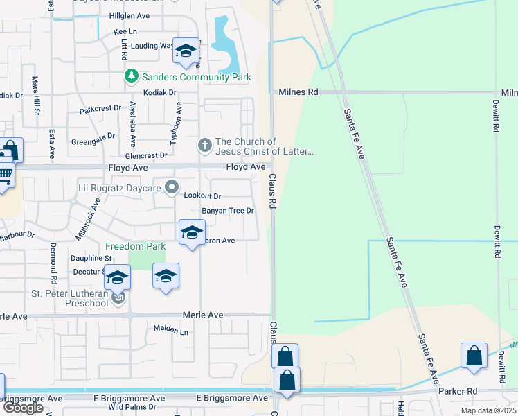 map of restaurants, bars, coffee shops, grocery stores, and more near 2301 Snowy Egret Street in Modesto