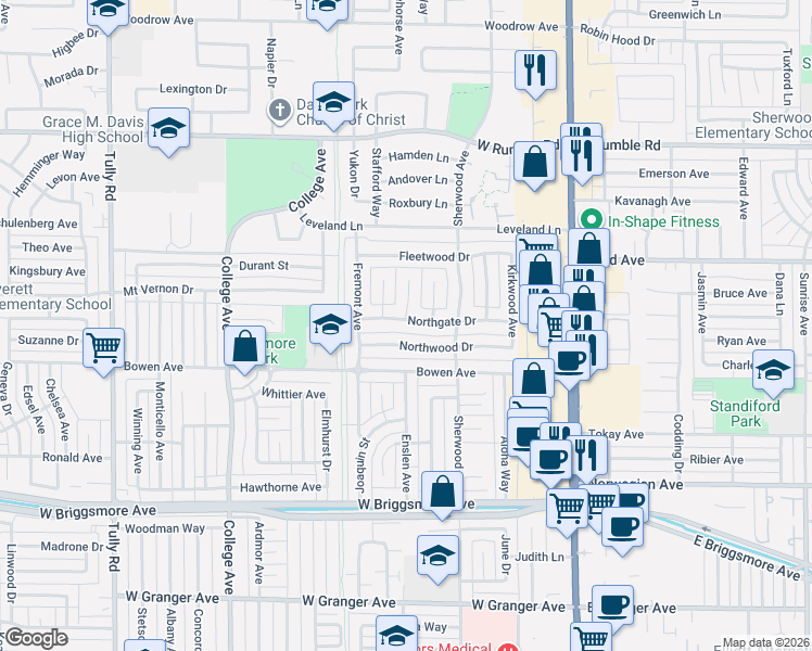 map of restaurants, bars, coffee shops, grocery stores, and more near 509 Northwood Drive in Modesto