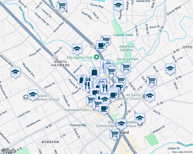 map of restaurants, bars, coffee shops, grocery stores, and more near 22316 Main Street in Hayward