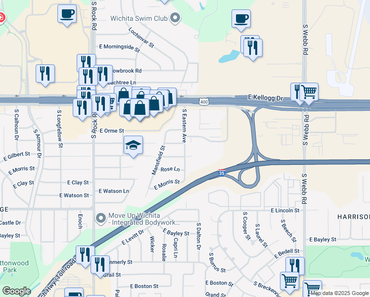 map of restaurants, bars, coffee shops, grocery stores, and more near 8417 East Gilbert Street in Wichita