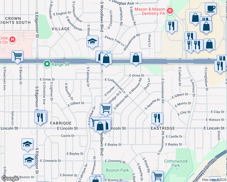 map of restaurants, bars, coffee shops, grocery stores, and more near 730 Eastridge Street East in Wichita