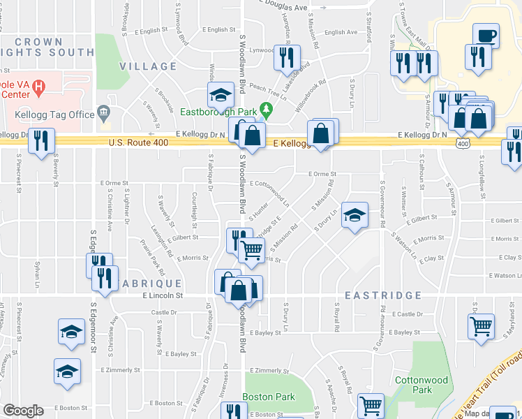 map of restaurants, bars, coffee shops, grocery stores, and more near 764 South Hunter in Wichita