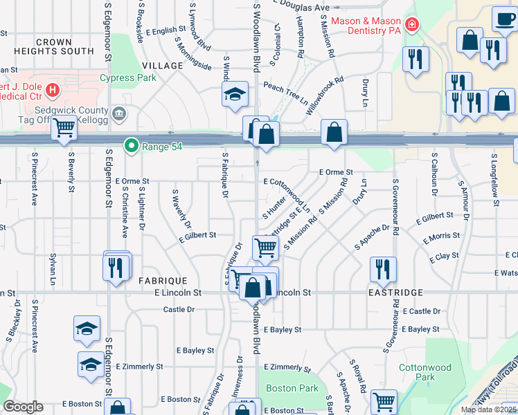 map of restaurants, bars, coffee shops, grocery stores, and more near 764 South Hunter in Wichita