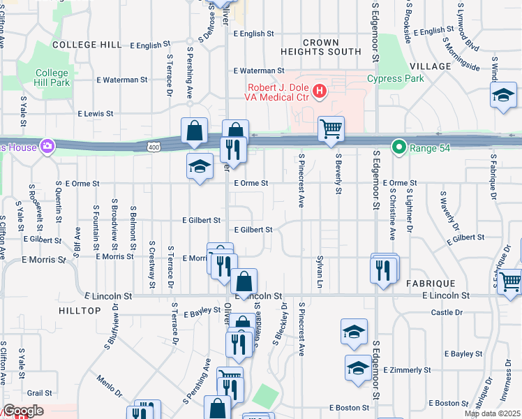 map of restaurants, bars, coffee shops, grocery stores, and more near 4926 East Gilbert Street in Wichita