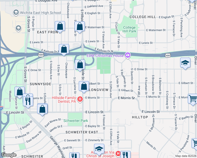 map of restaurants, bars, coffee shops, grocery stores, and more near 3405 East Gilbert Street in Wichita