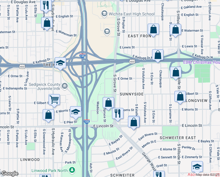 map of restaurants, bars, coffee shops, grocery stores, and more near 668 Spruce Street in Wichita