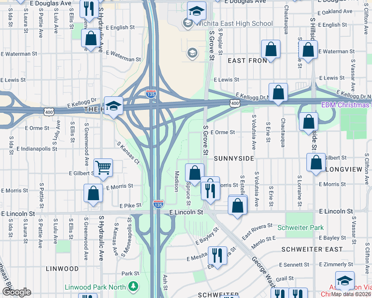 map of restaurants, bars, coffee shops, grocery stores, and more near 668 Spruce Street in Wichita